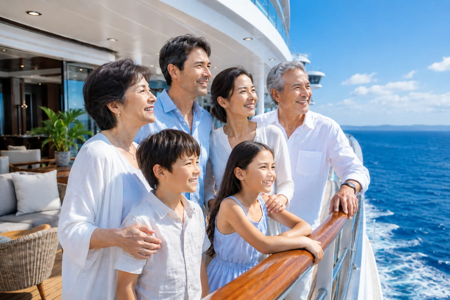 デッキの手すりに集う三世代家族